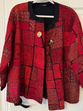 Red Patchwork Quilted Jacket with Gold Button Closure holiday autumnal Christmas